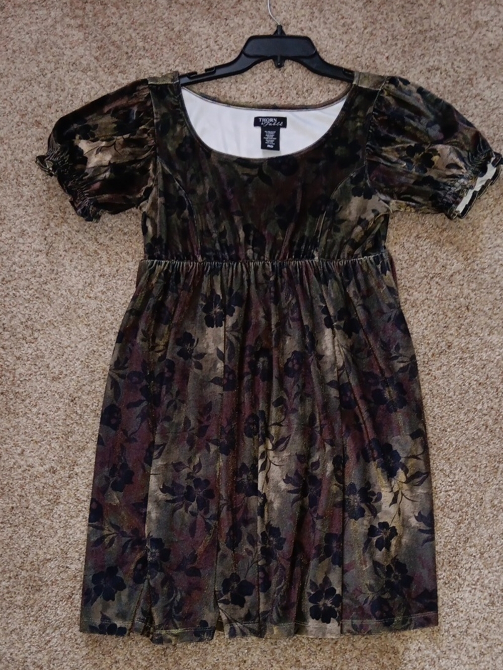 Floral And Skull Empire Velvet Waist Dress in Olive Multi From Hot Topic